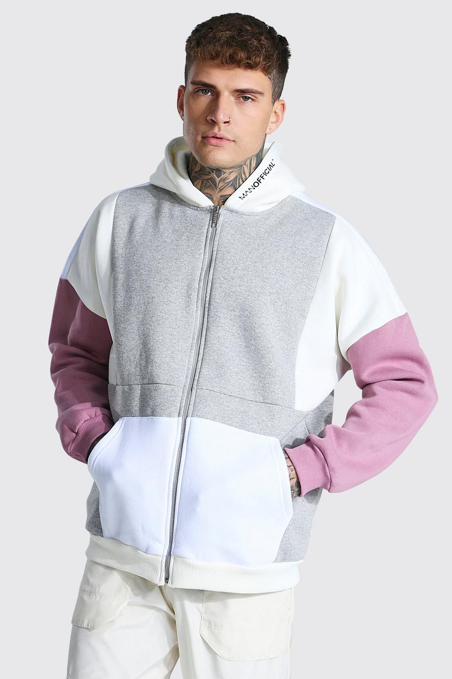 Grey marl MAN Oversize hoodie med blockfärger och dragkedja image number 1