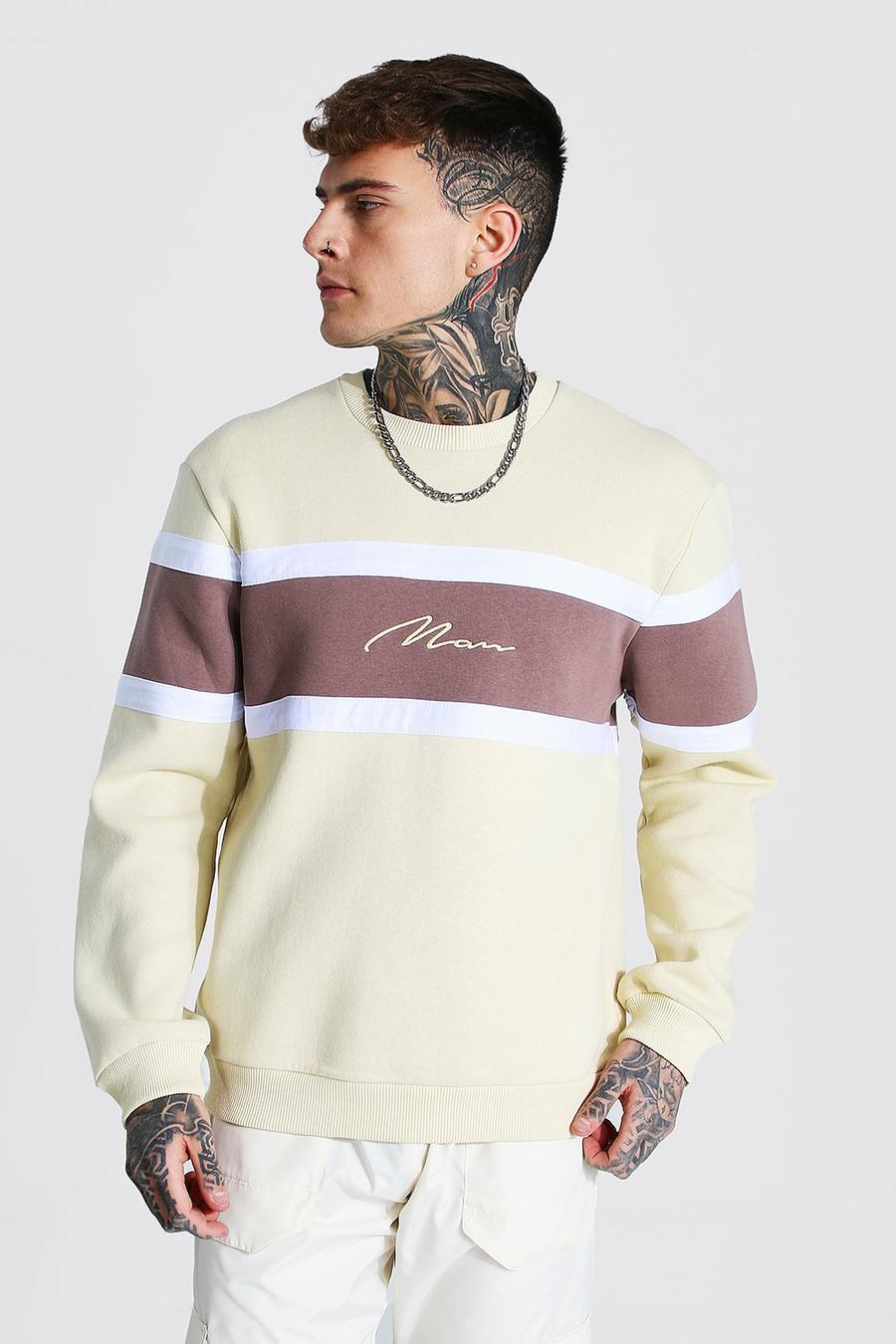 Sweatshirt mit Man-Schriftzug im Colorblock-Design, Sand image number 1