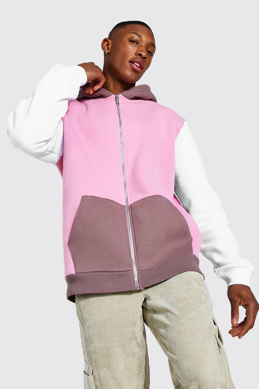 Dusky pink Zip Through Colour Block Hoodie image number 1