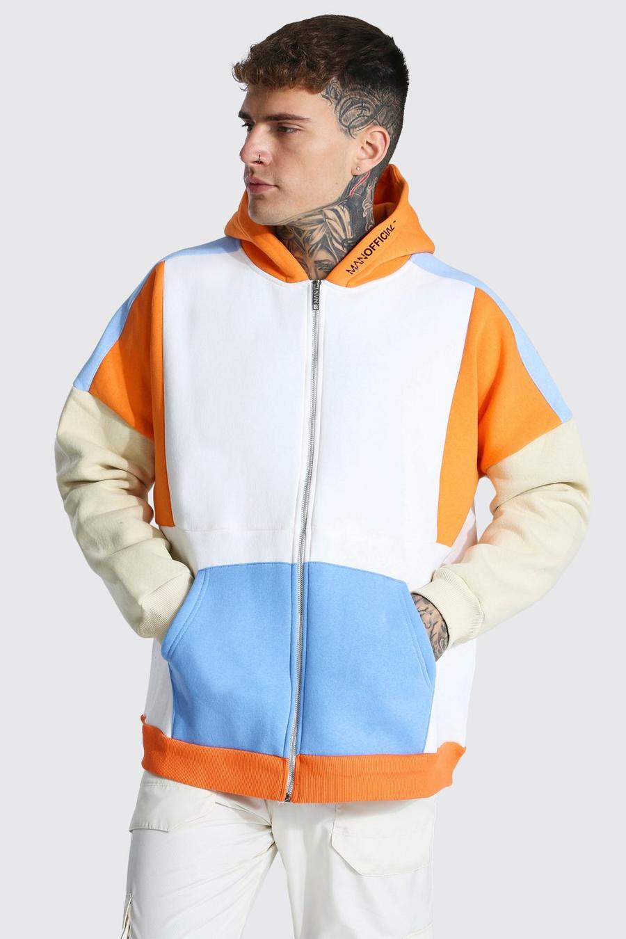 Orange MAN Oversize hoodie med blockfärger och dragkedja image number 1