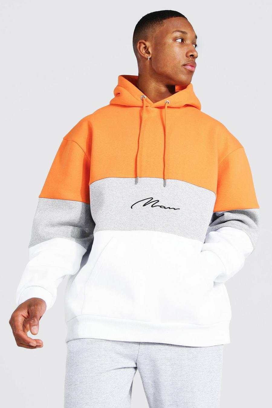 Hoodie in Übergröße mit Colorblock und Man-Schriftzug, Orange image number 1