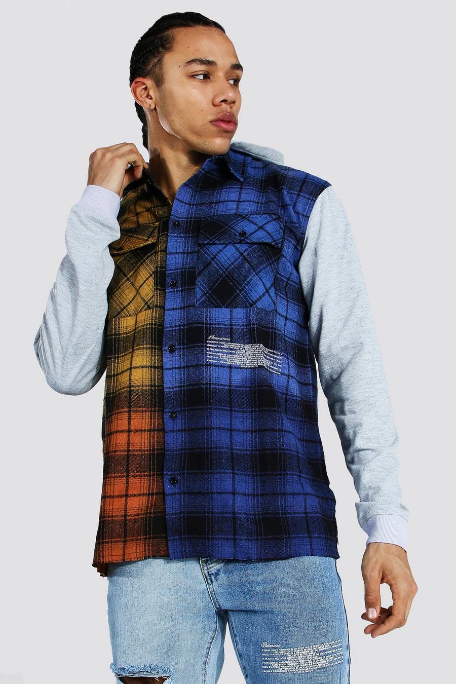 Blue Tall Spliced Check Shirt With Hoodie Layer image number 1