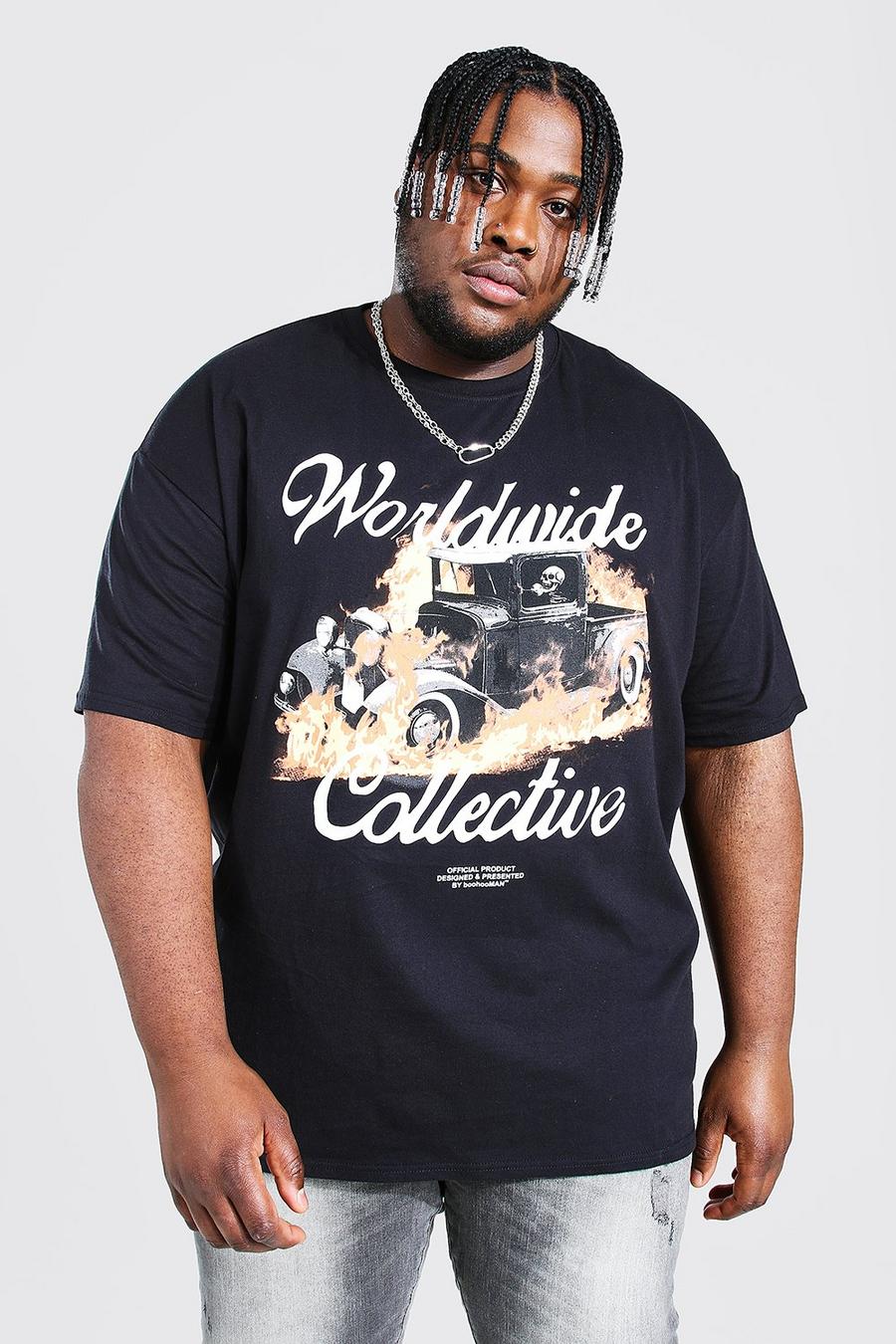 Black Plus Size Worldwide Car Flame Graphic T-Shirt image number 1