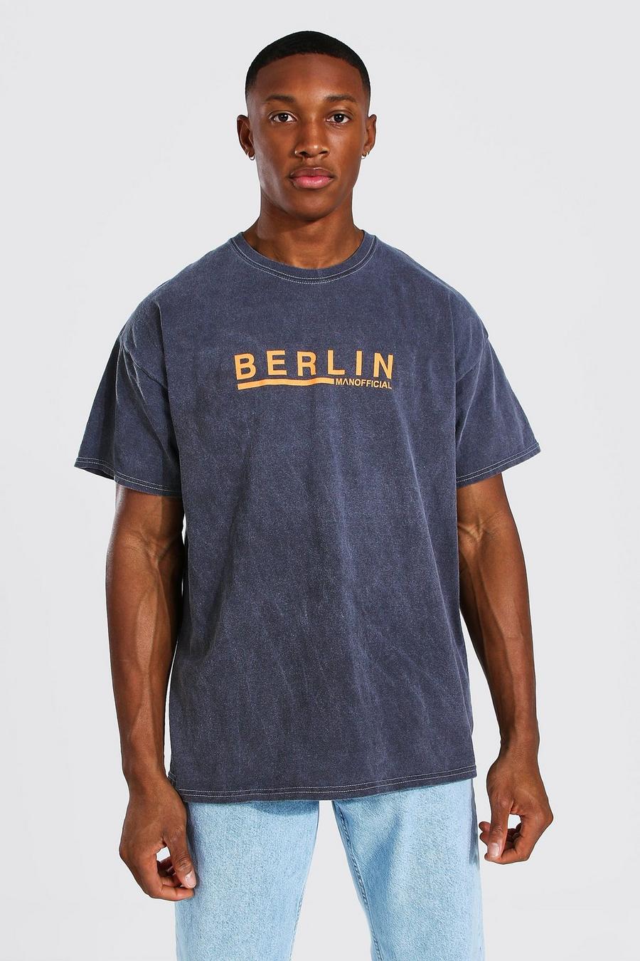 T-Shirt mit Berlin-Print und Überfärbung in Übergröße, Anthrazit image number 1