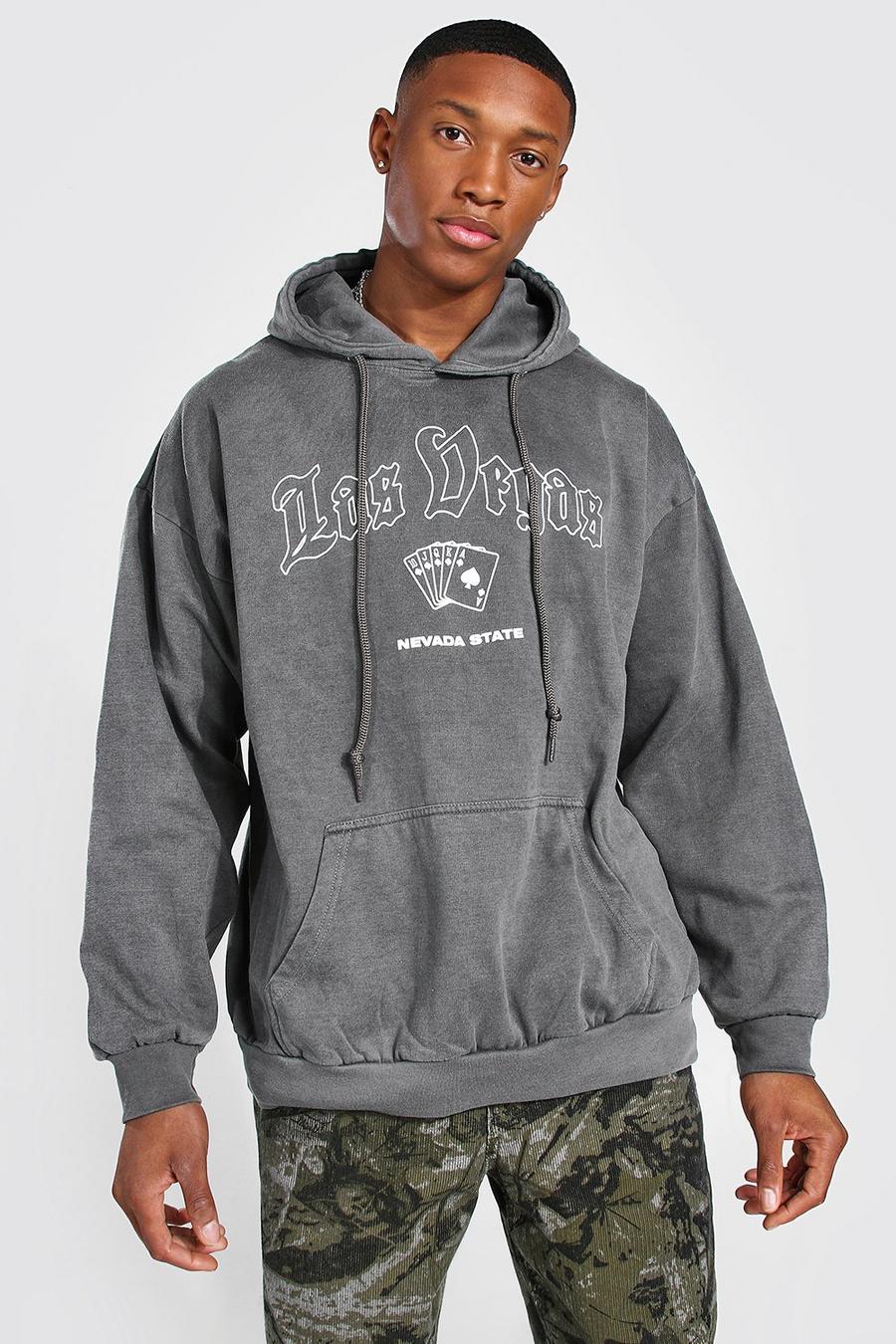 Charcoal "Las Vegas" Oversize överfärgad hoodie med tryck image number 1