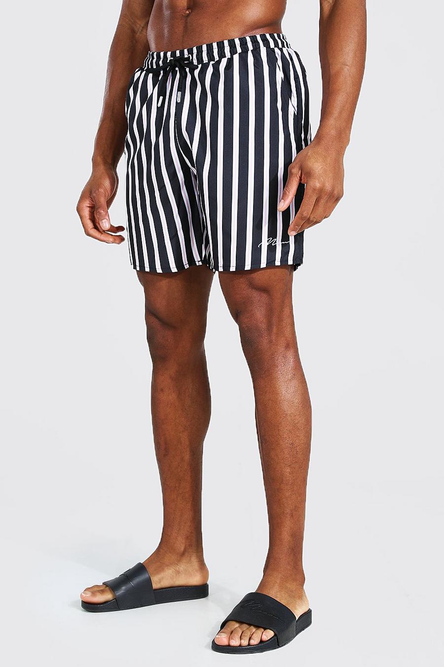 Black Man Vertical Stripe Mid Length Swim Short image number 1