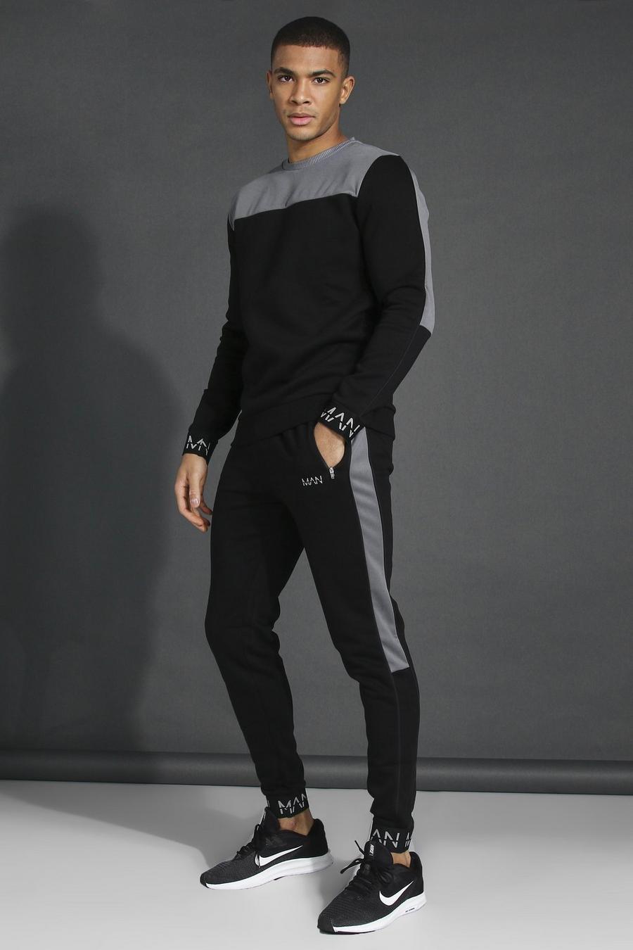 שחור חליפת טרנינג סווטשירט ספורטיבית עם פאנל טכני וכיתוב Man image number 1