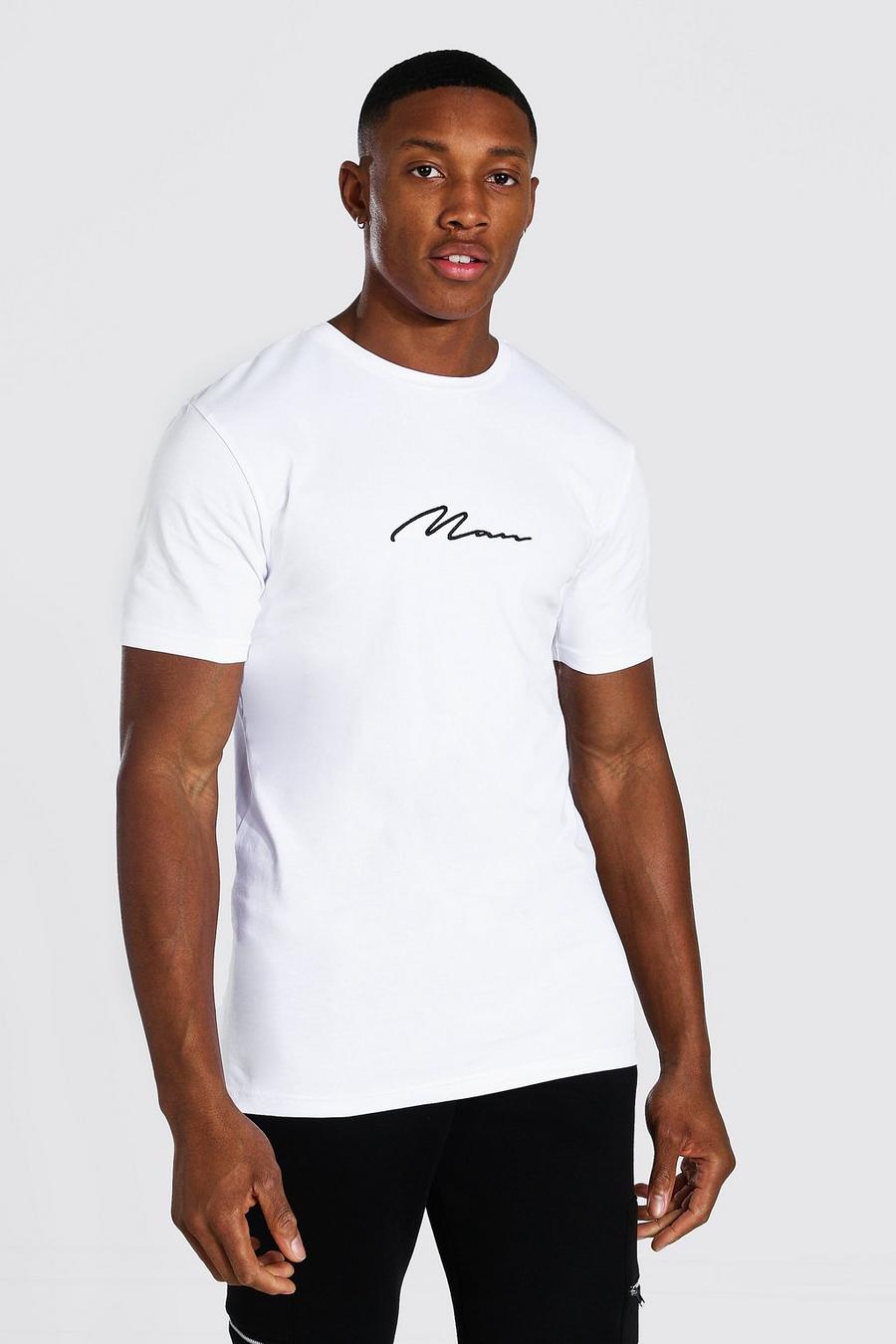 T-shirt sagomata con firma Man ricamata, Bianco image number 1