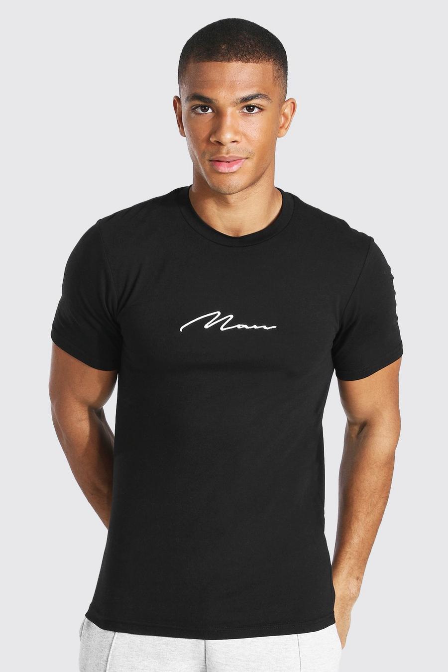 T-shirt sagomata con firma Man ricamata, Nero image number 1