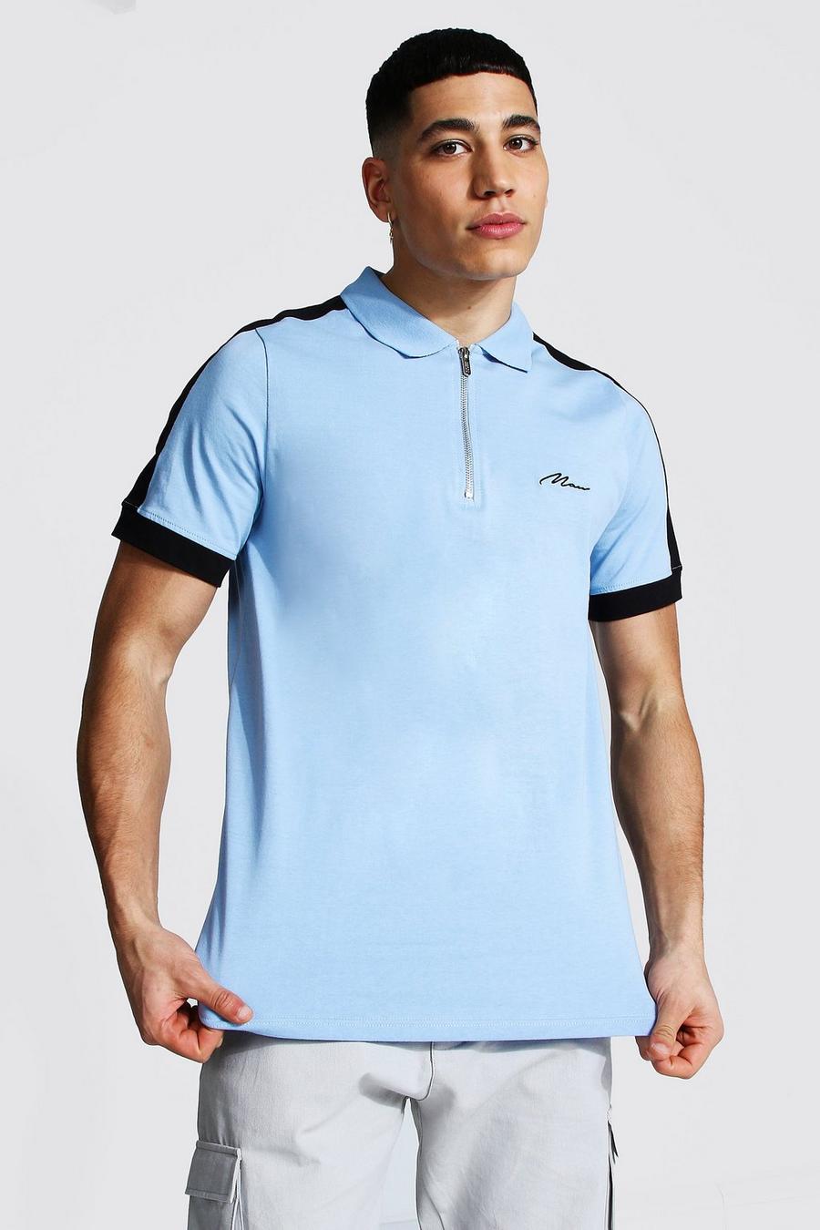 כחול בהיר חולצת פולו עם פאנלים בצד, 1/4 רוכסן וחתימת Man image number 1