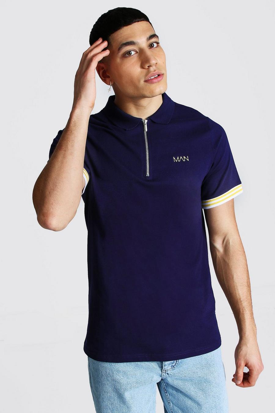 Navy Original Man Ribbed Cuffed Zip Polo image number 1