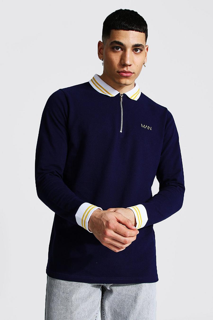 Geripptes langärmeliges Original MAN Poloshirt mit Reißverschluss am Bündchen, Marineblau image number 1
