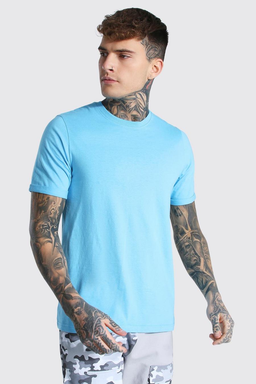 Bright blue Basic T-Shirt Met Crewneck En Opgerolde Mouwen image number 1