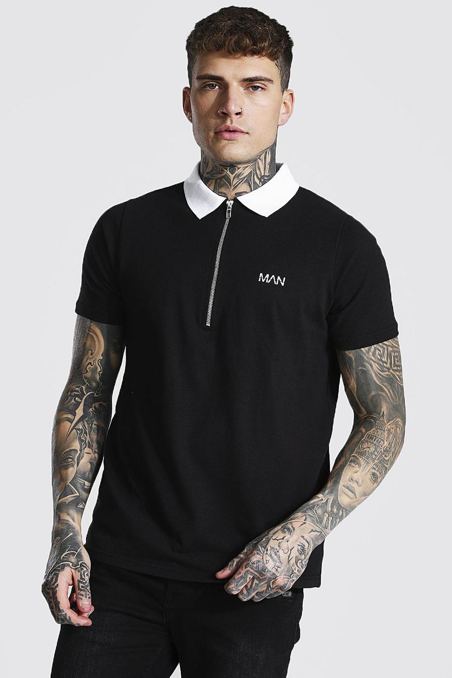 שחור חולצת פולו Original MAN עם צווארון בצבעים מנוגדים ורוכסן image number 1