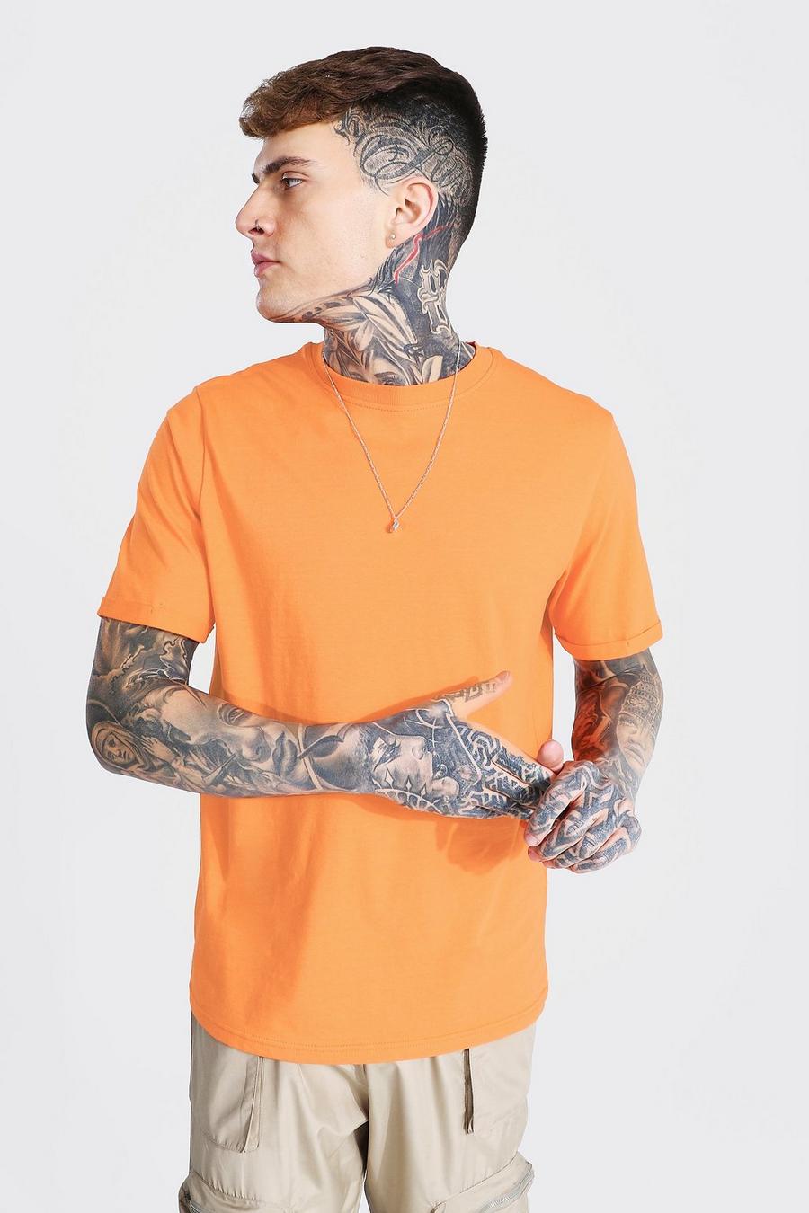 Basic Crewneck T-Shirt mit gerollten Ärmeln, Orange image number 1
