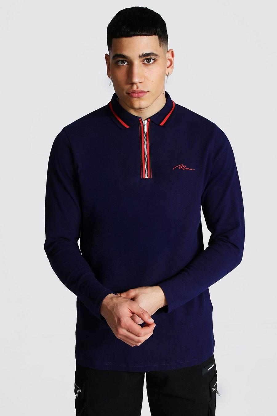 Navy Man Signature Long Sleeve Zip Detail Polo image number 1