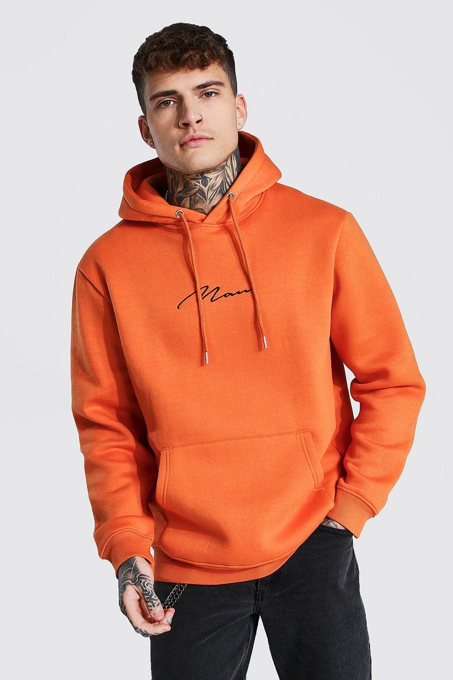 Man Signature Embroidered Hoodie, Orange image number 1