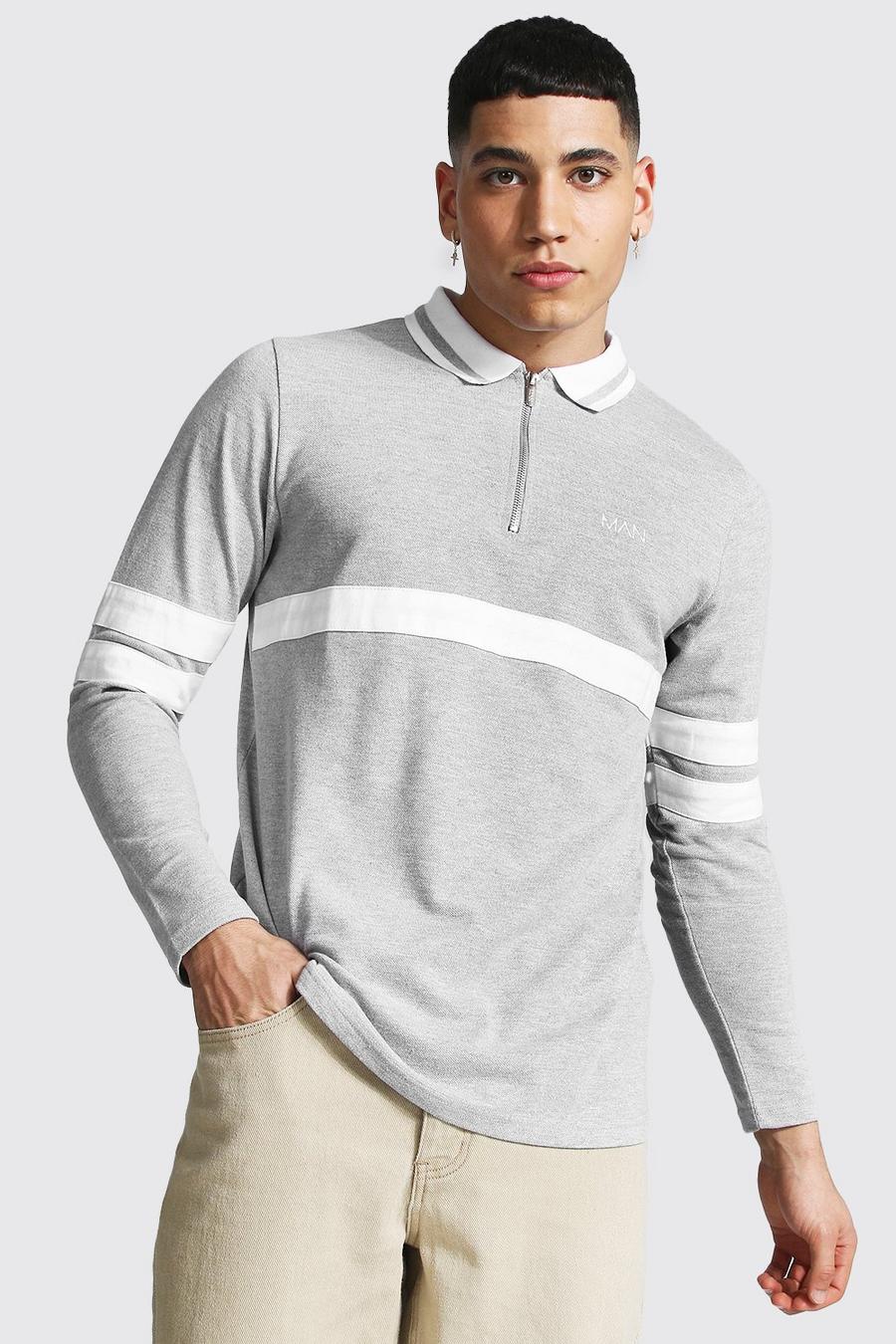 Sportlich gestreiftes, langärmliges Original MAN Poloshirt mit Reißverschluss, Grau meliert grey image number 1