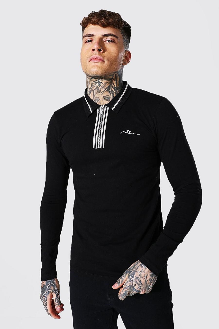 Black Man Signature Muscle Fit Ls Zip Detail Polo image number 1