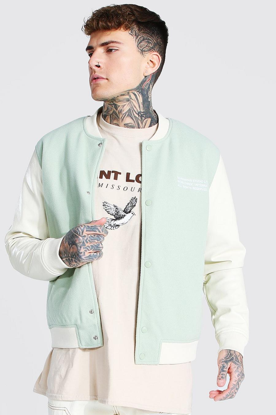 Mint Melton Bomber With Faux Leather Sleeves image number 1