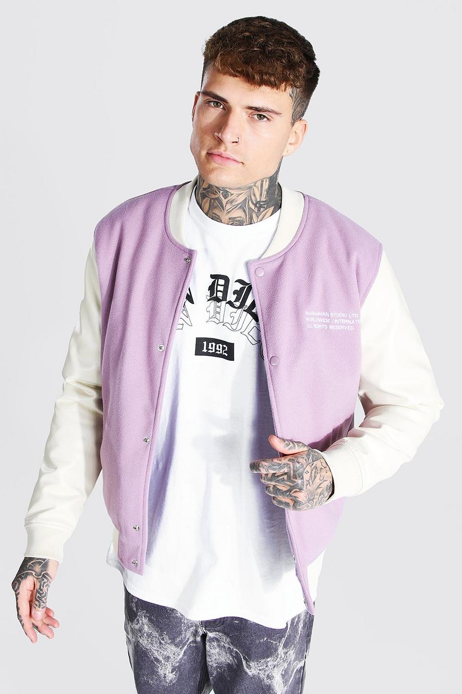 Lilac Melton Bomber With Faux Leather Sleeves image number 1