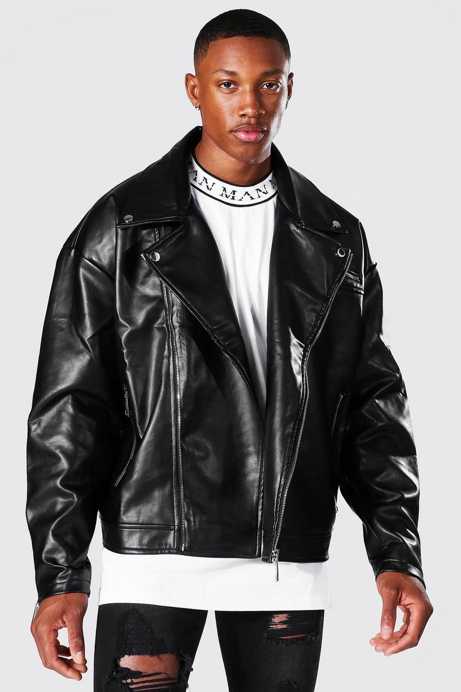 Men's Leather Look Oversized Biker Jacket | Boohoo UK