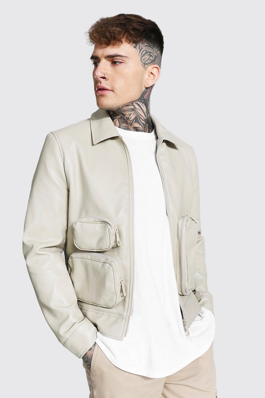 Ecru Utility Leather Look Collared Jacket image number 1