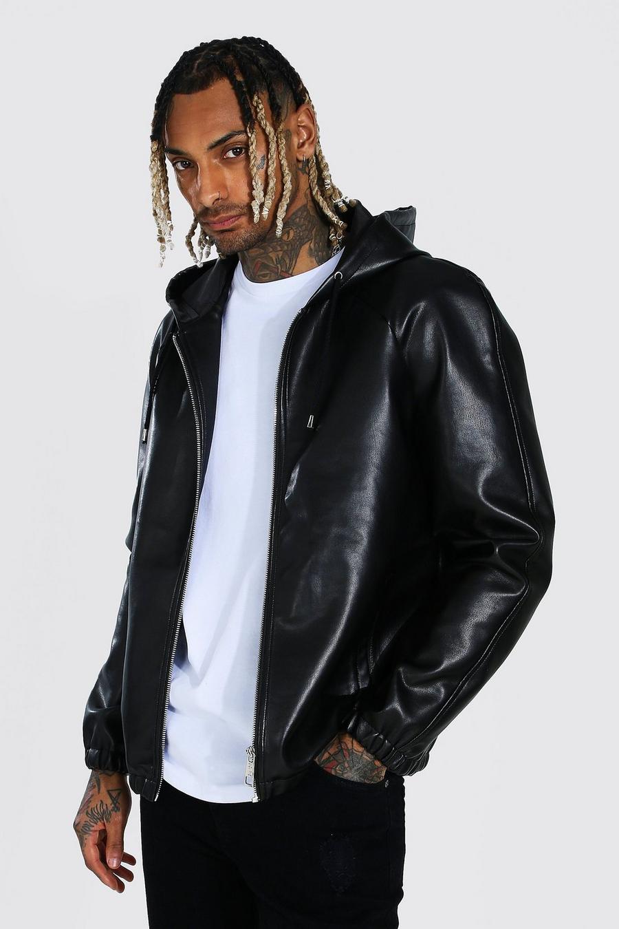 Black Leather Look Hooded Zip Through Jacket image number 1