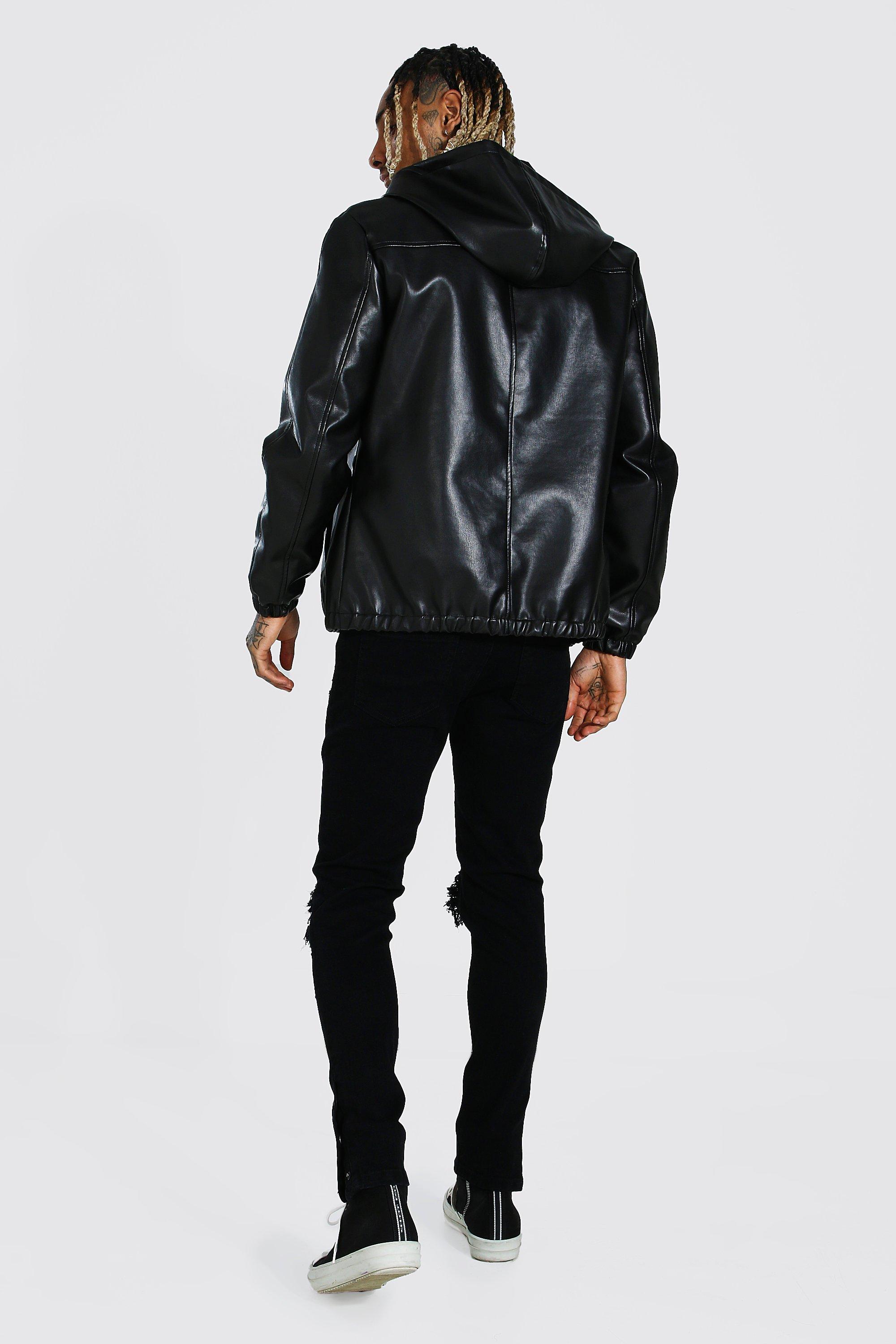 Leather Look Hooded Zip Through Jacket boohoo