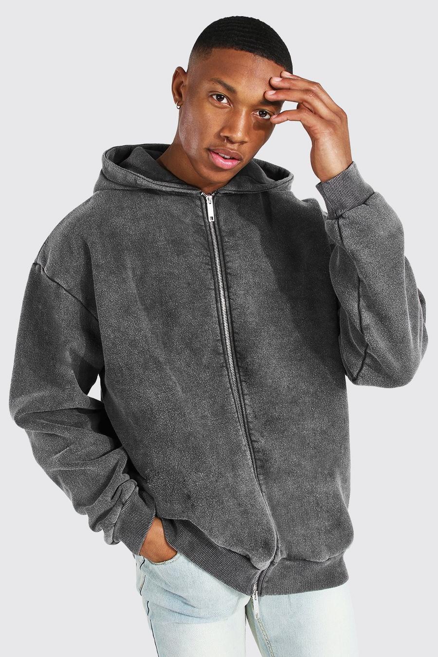 Charcoal Oversize hoodie med dragkedja och tvättad effekt image number 1