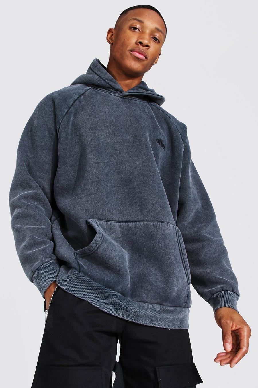 Charcoal grå Ofcl Oversize hoodie med tvättad effekt och raglanärm image number 1