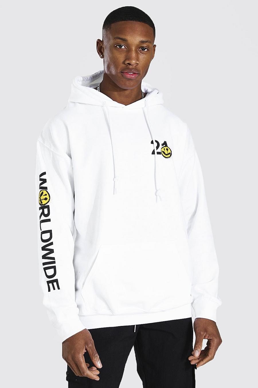 White "Worldwide" Oversize hoodie med sprayfärgat tryck på ärmen image number 1