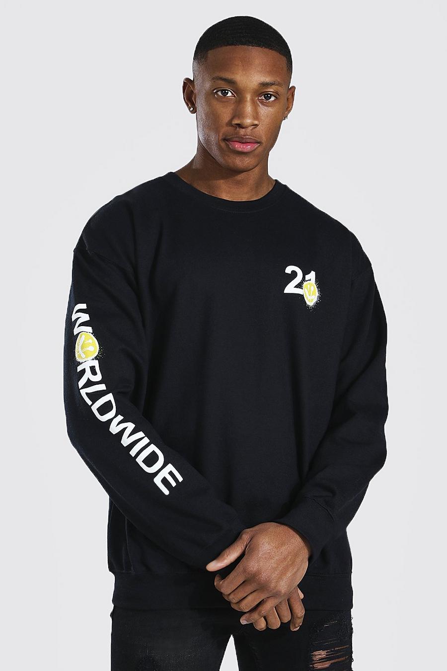 Black "Worldwide" Oversize sweatshirt med sprayfärgat tryck på ärmen image number 1