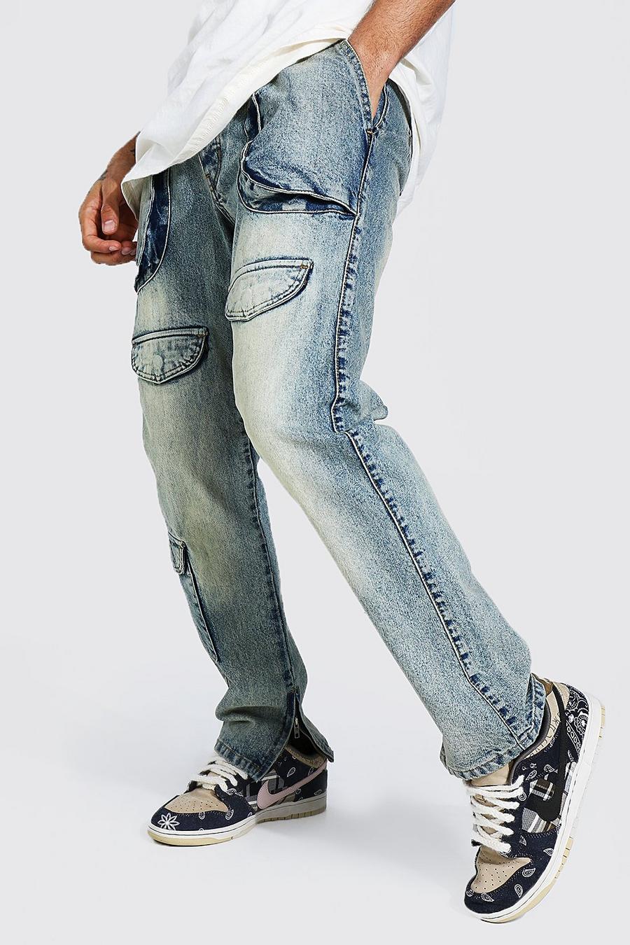 Antique blue Straight Leg Rigid Zip Hem Cargo Jeans image number 1