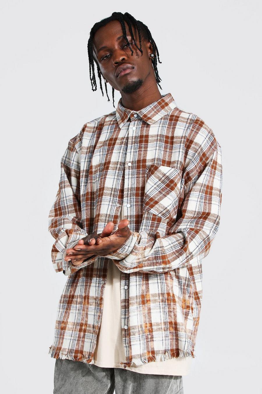 Orange Oversized Bleach Splatter Frayed Flannel Shirt image number 1