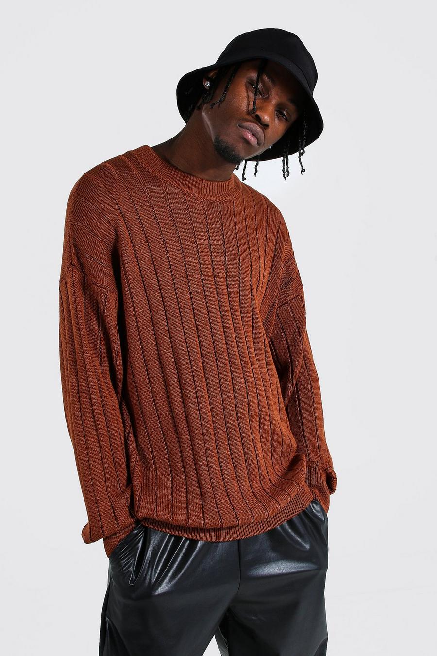 Rust Oversized Ribbed Knitted Crew Neck Jumper image number 1