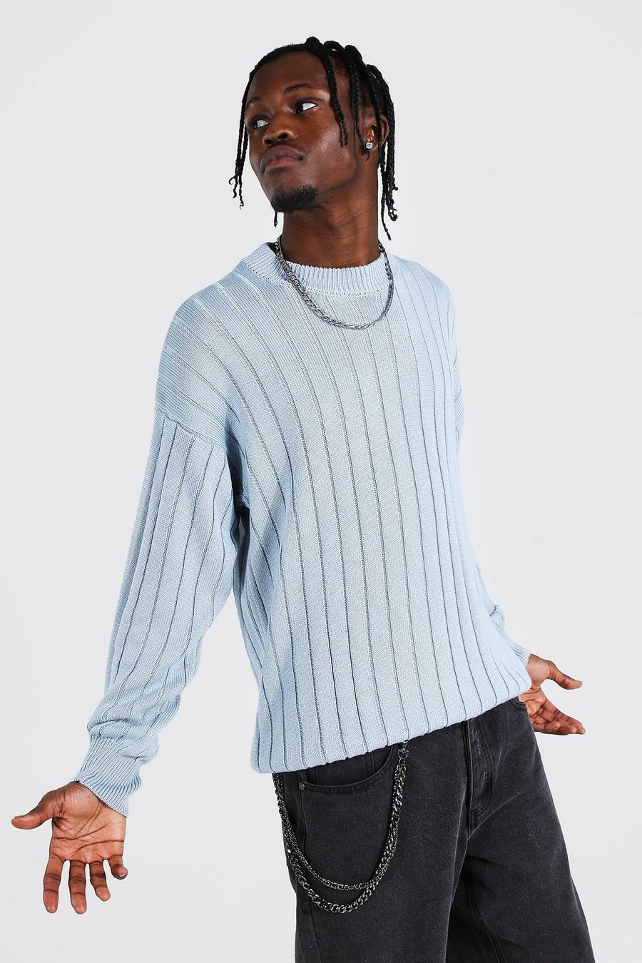 Dusty blue Oversized Ribbed Knitted Crew Neck Jumper image number 1