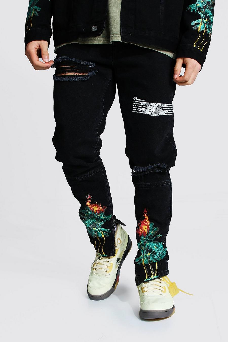 Skinny Jeans mit Palmen-Print, Schwarz image number 1