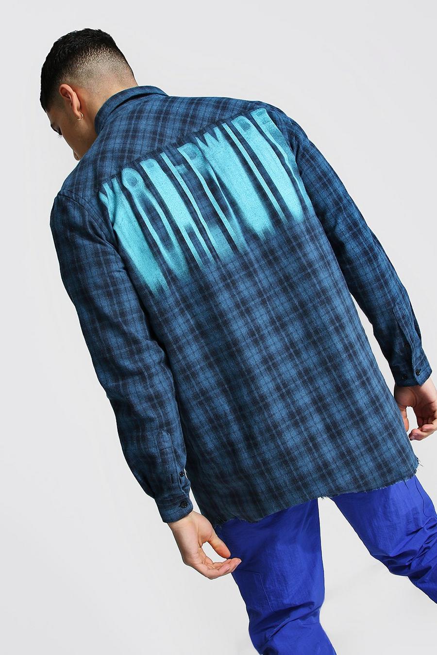 Chemise à carreaux coupe longue avec imprimé à l'arrière, Bleu image number 1