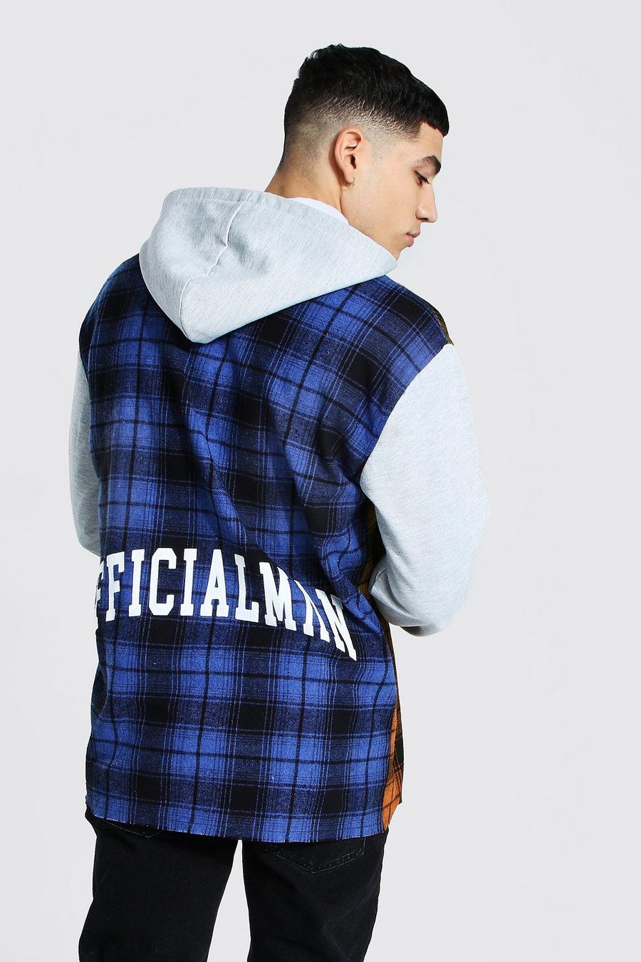 Blue Spliced Check Shirt With Hoodie Layer image number 1