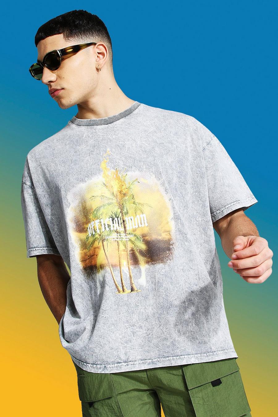  T-shirt oversize a lavaggio acido con scritta MAN Official, Grigio image number 1