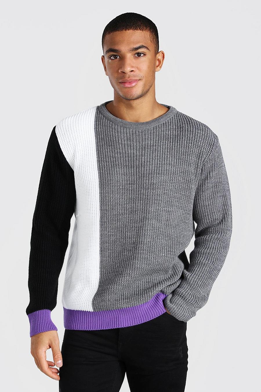 Purple Regular Fit Colour Block Crew Neck Knitted Sweater image number 1