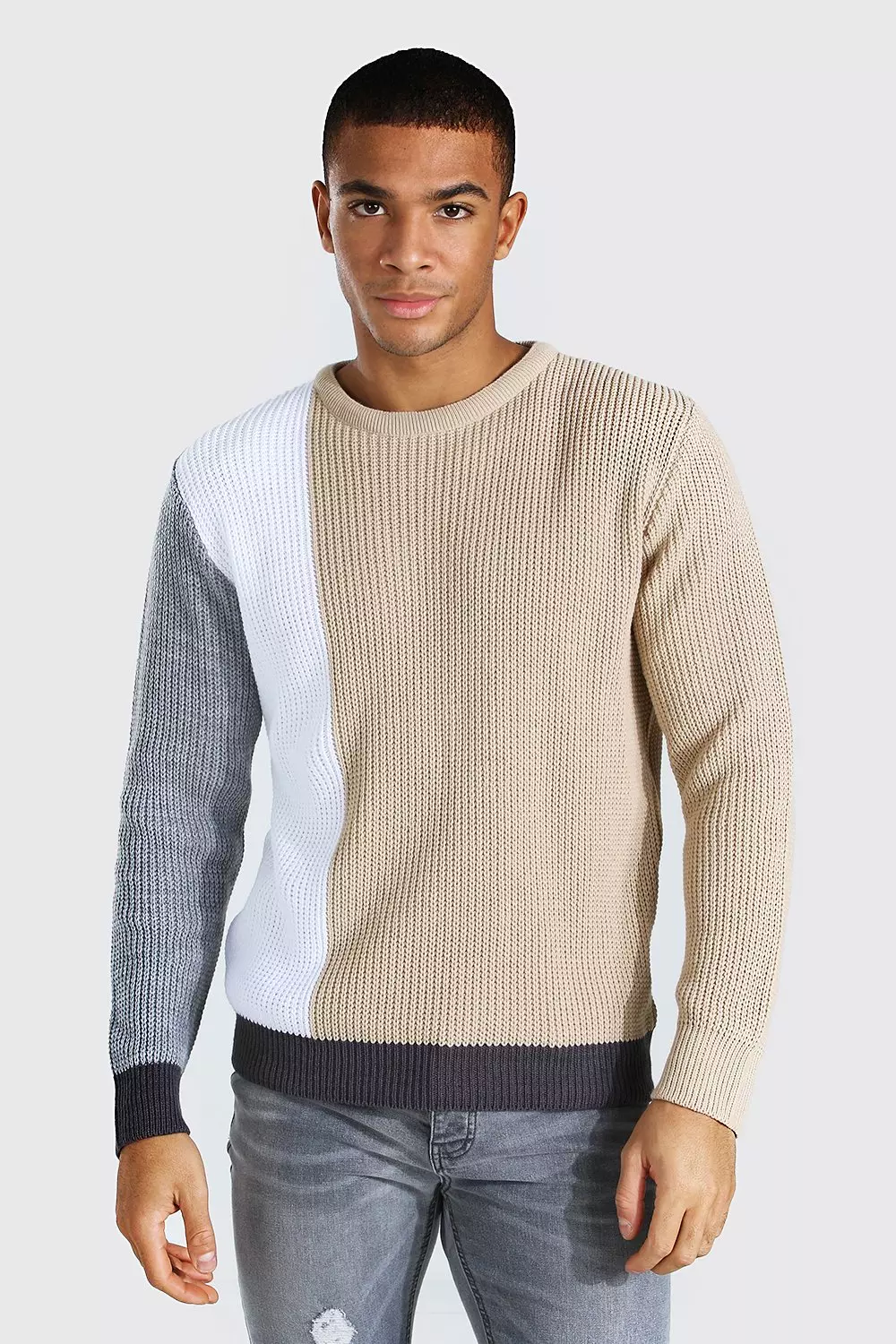 Ecru Regular Fit Colour Block Crew Neck Knitted Jumper alternative image