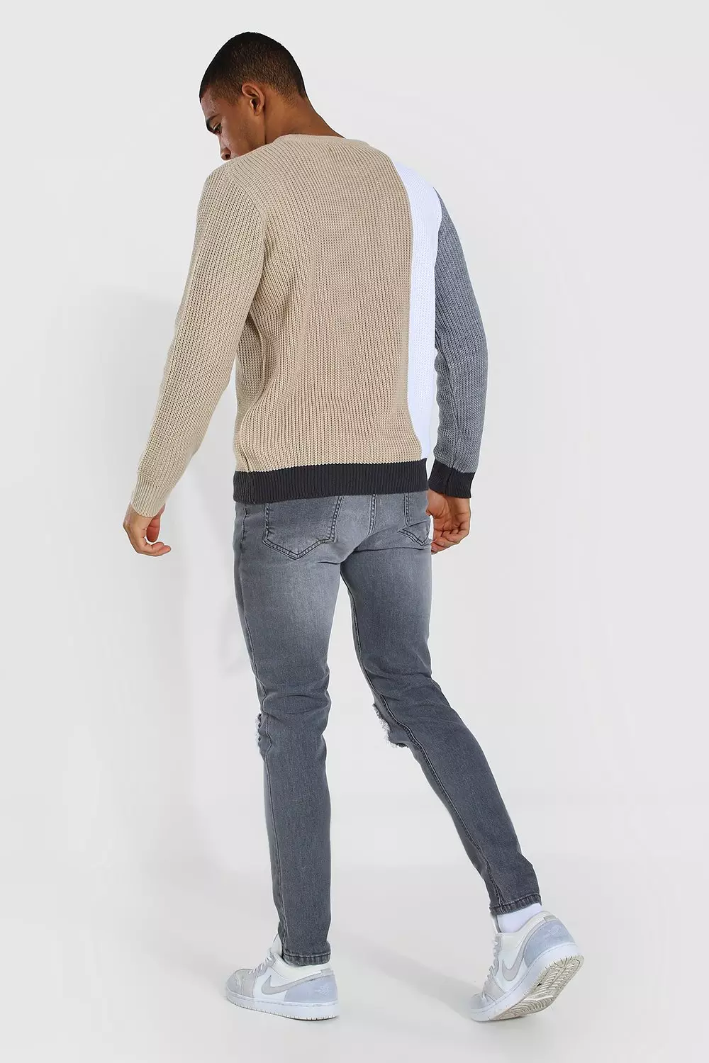 Ecru Regular Fit Colour Block Crew Neck Knitted Jumper alternative image