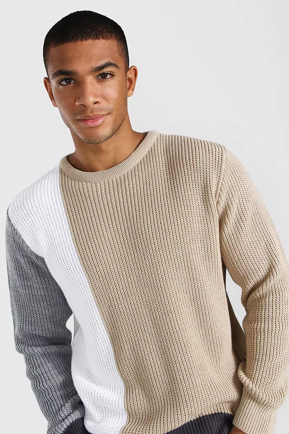 Ecru Regular Fit Colour Block Crew Neck Knitted Jumper alternative image