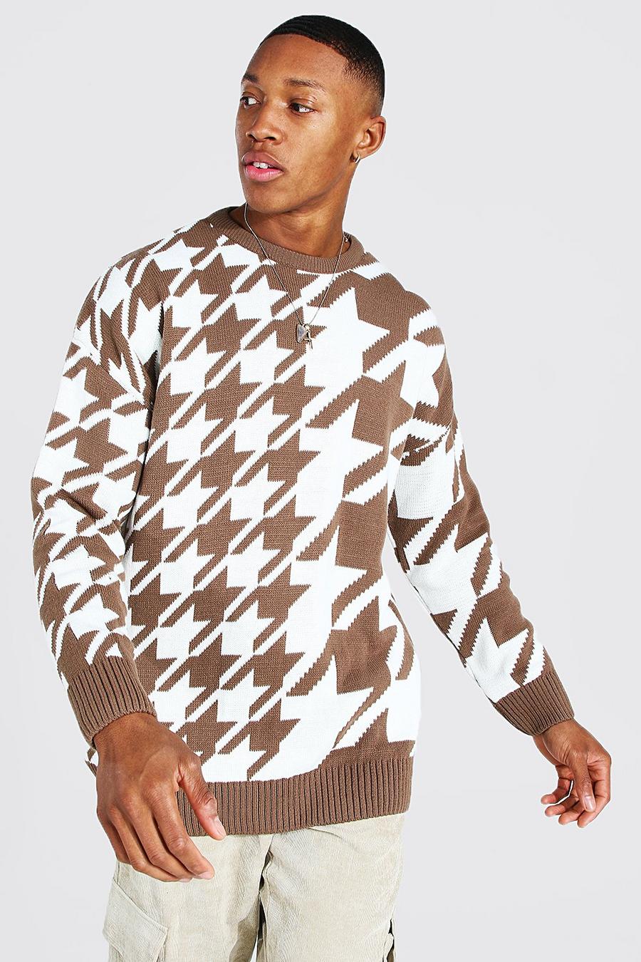 Brown Oversized Spliced Dogtooth Knitted Jumper image number 1