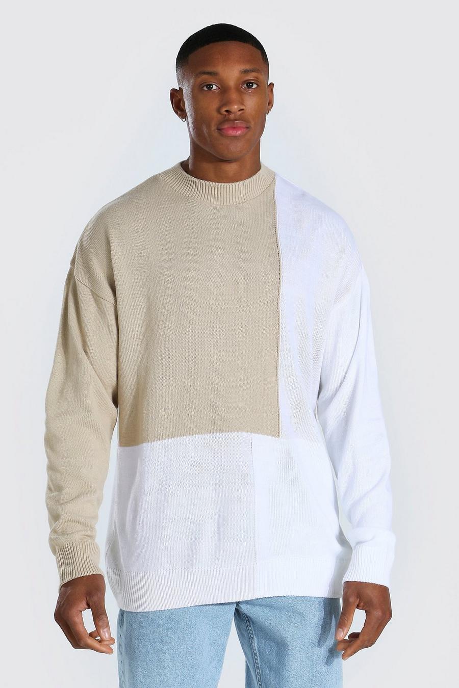 Cream Stickad tröja med polokrage och blockfärger image number 1