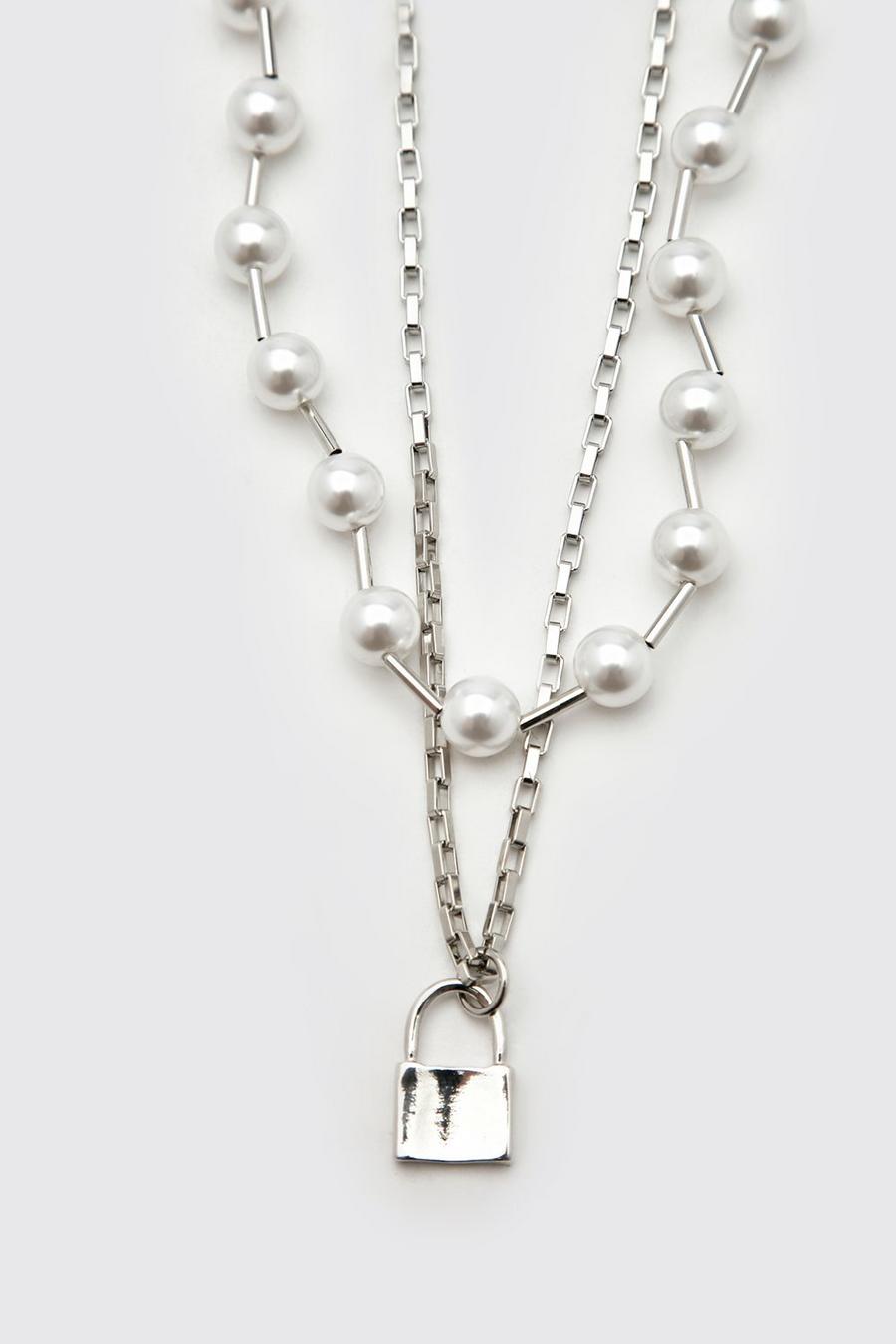 Silver Double Layer Chain With Pearls And Padlock image number 1