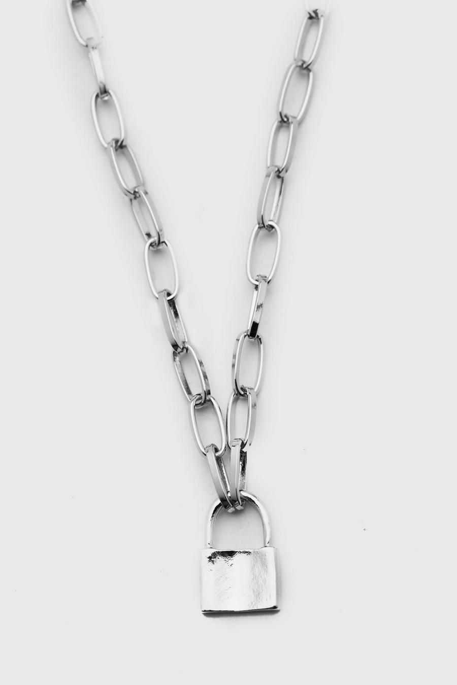 Silver Anchor Chain Necklace With Padlock image number 1