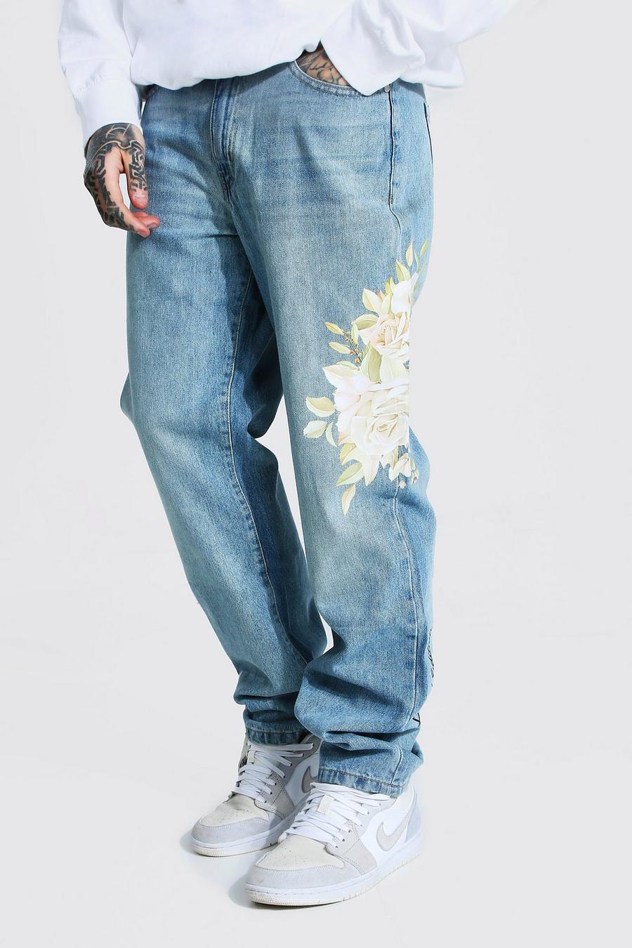 כחול עתיק ג'ינס בגזרה רפויה עם הדפס פרח image number 1